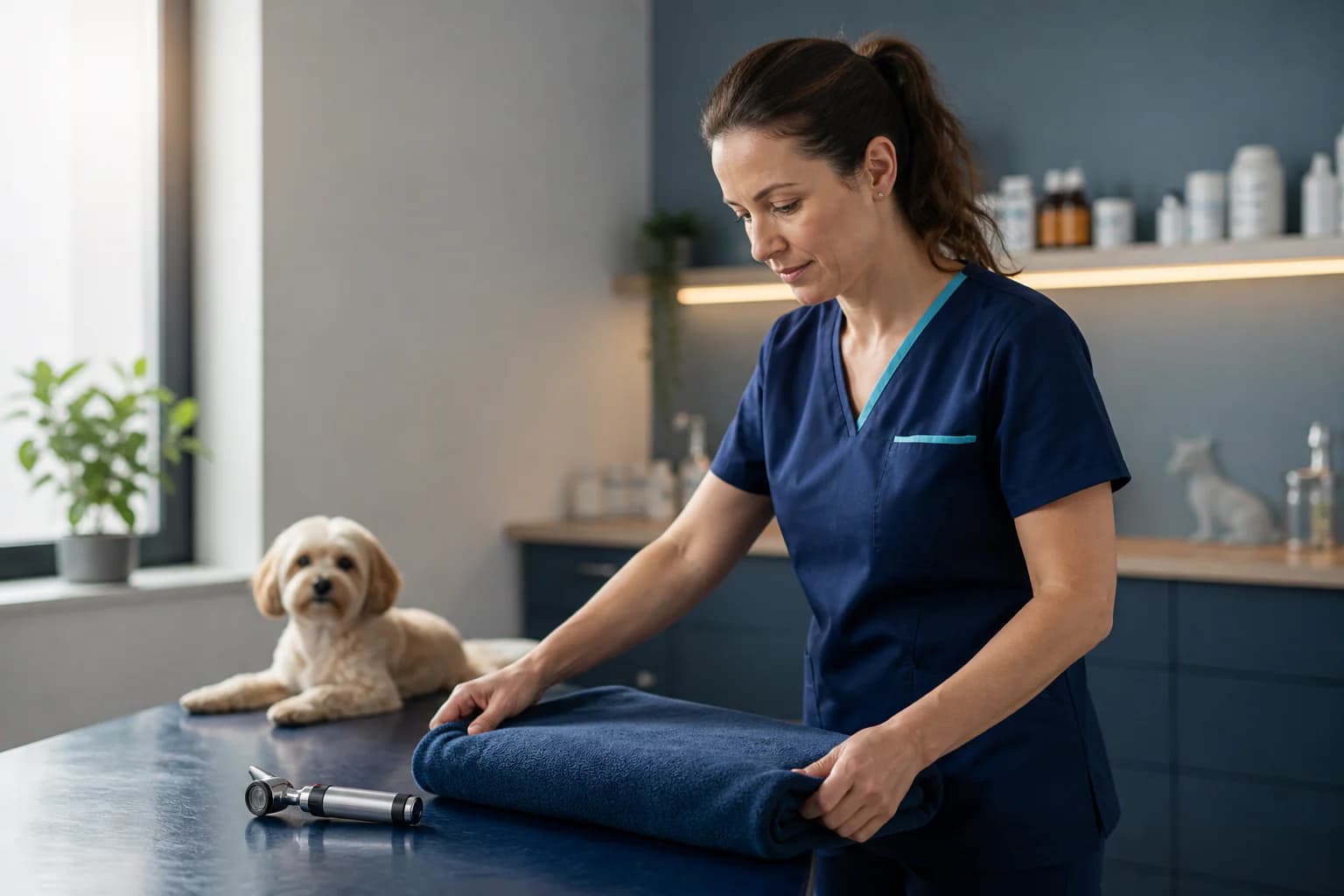 Medic veterinar pregătind cabinetul înaintea unei consultații cu un câine