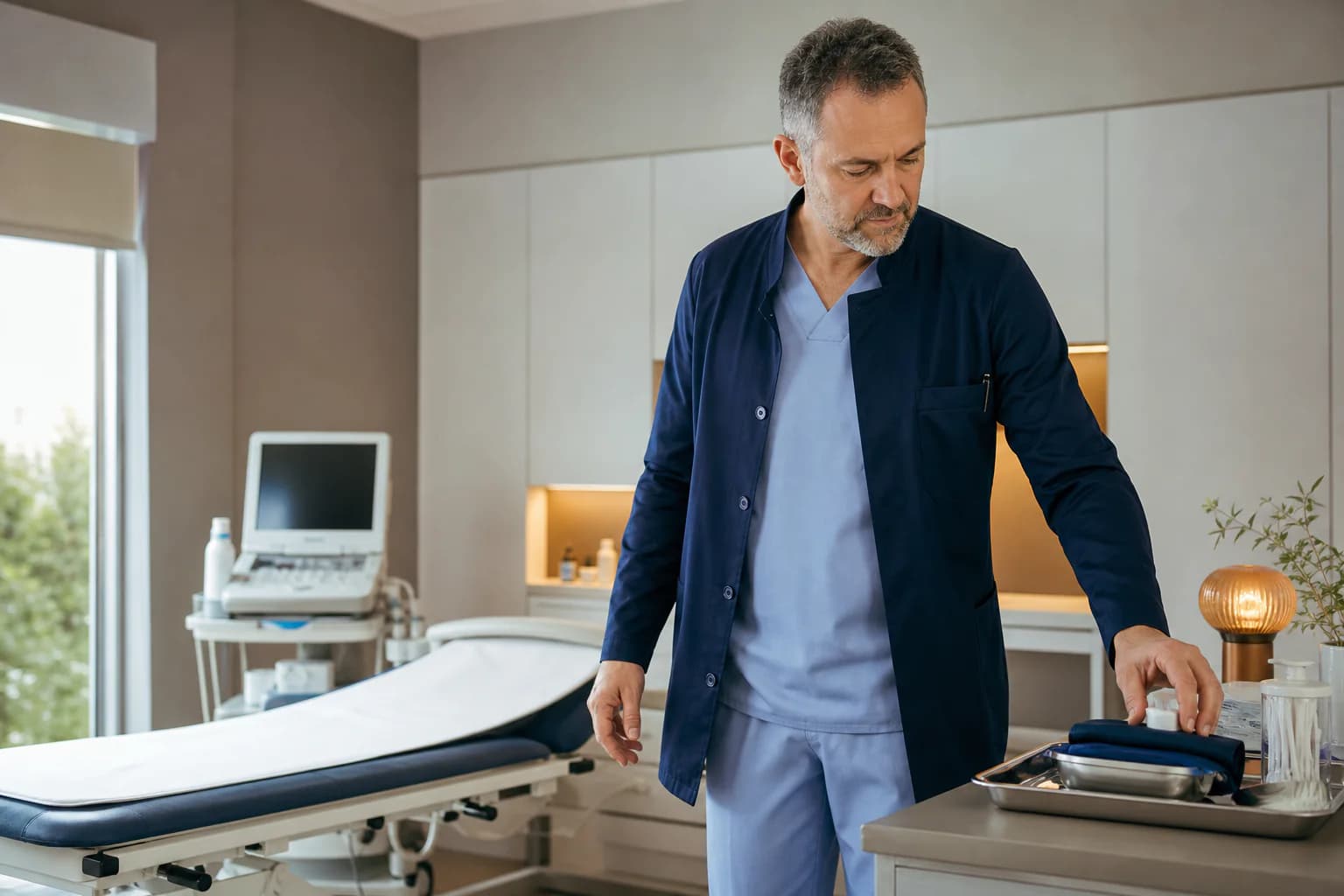 Medic pregătind un cabinet de consultații într-o clinică privată