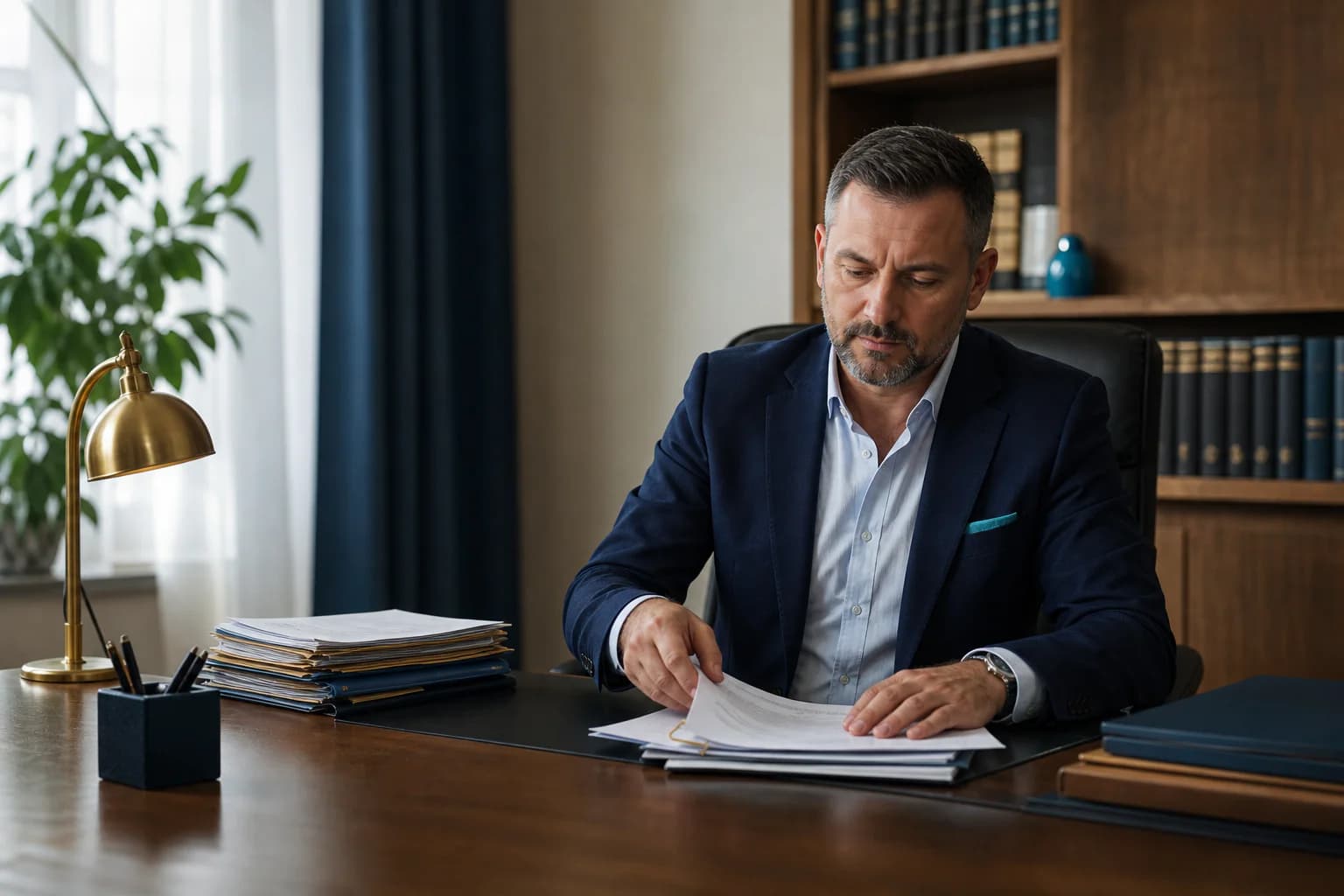 Avocat pregătind documentele unui dosar într-un birou contemporan